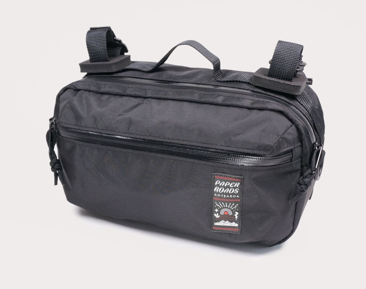 Bicycle bike handlebar bag hip pack, 5L. Handmade in New Zealand. Suits gravel, mountainbikes, commuting bicycles, bike touring.