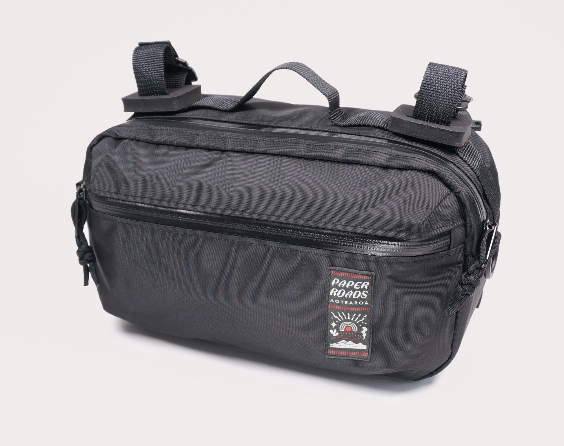 Bicycle bike handlebar bag hip pack, 5L. Handmade in New Zealand. Suits gravel, mountainbikes, commuting bicycles, bike touring.