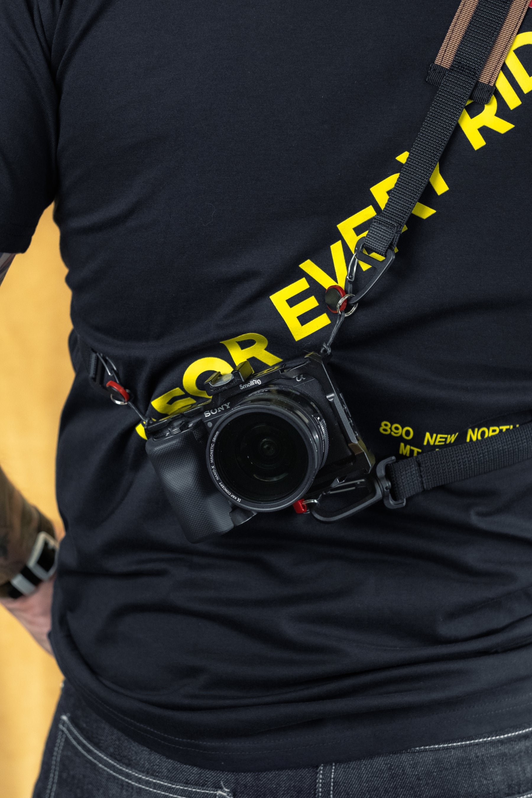 3 point camera strap, gravel road cycling, bikepacking, touring one handed photography. Magnet fidlock quick release buckle. Roskill Supplies collab, handmade in Auckland, New Zealand.