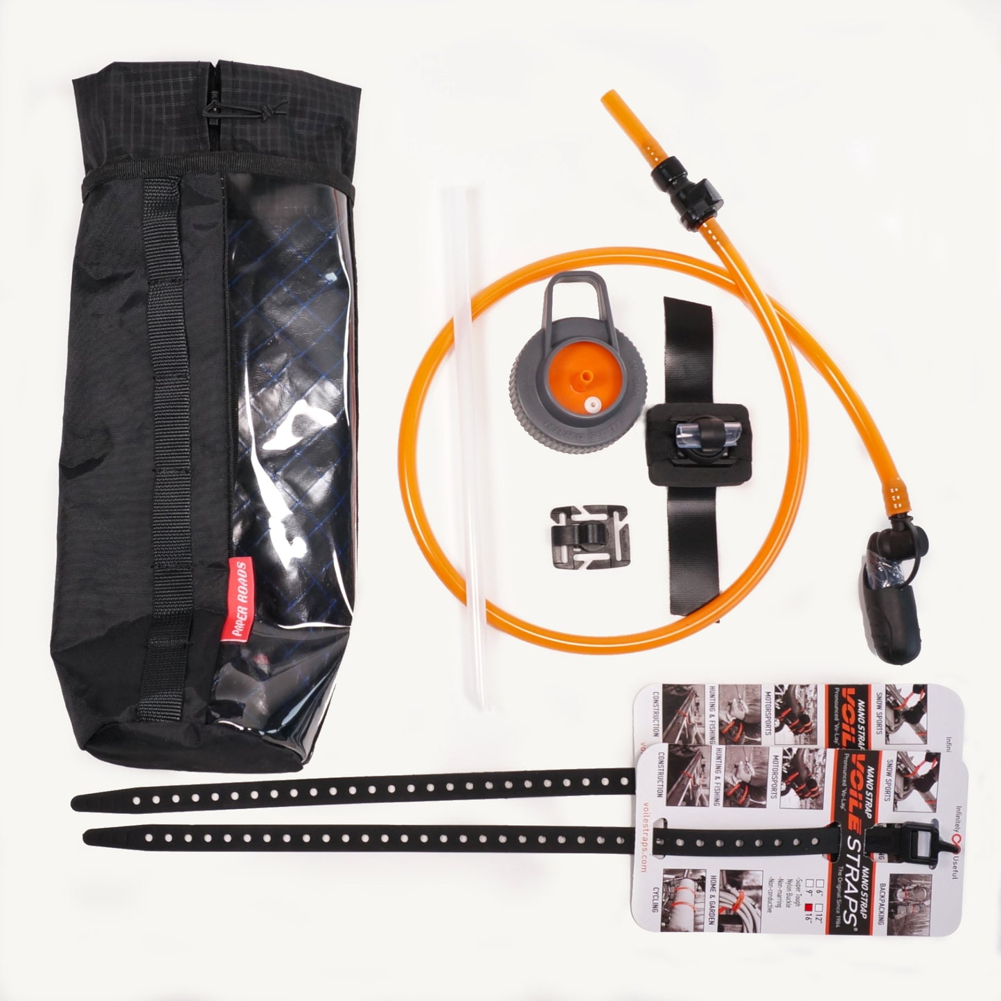 Mountain bike hydration system Nalgene bottle and drinking hose under bike frame for bikepacking, water bladder replacement