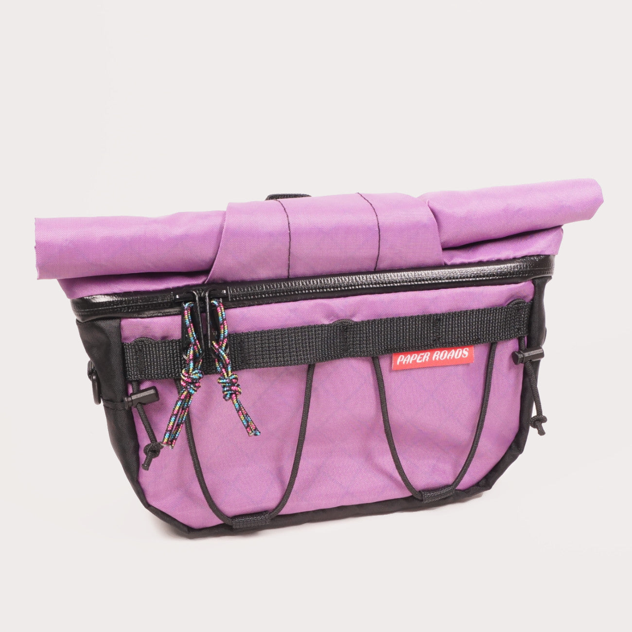 Hungry Ranger bikepacking front harness bag quick access removable shoulder strap purple Paper Roads Tour Aotearoa Kopiko Sounds 2 Sound New Zealand Australia