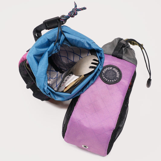Bicycle bikepacking touring handlebar snack / stem / treat bag/pouch. Colourful, handmade in New Zealand by Paper Roads Aotearoa.