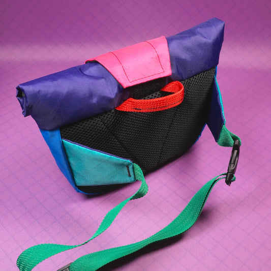 Colourful, waterproof Paper Roads roll top fanny bag / hip pack / bum bag. Handmade in New Zealand, bespoke, one-off. Ultralight Challenge Sailcloth fabrics. Outdoor, mountainbiking, cycling bag for phone, wallet, keys, snacks. Gift present idea for biker, hiker, outdoorsy person.