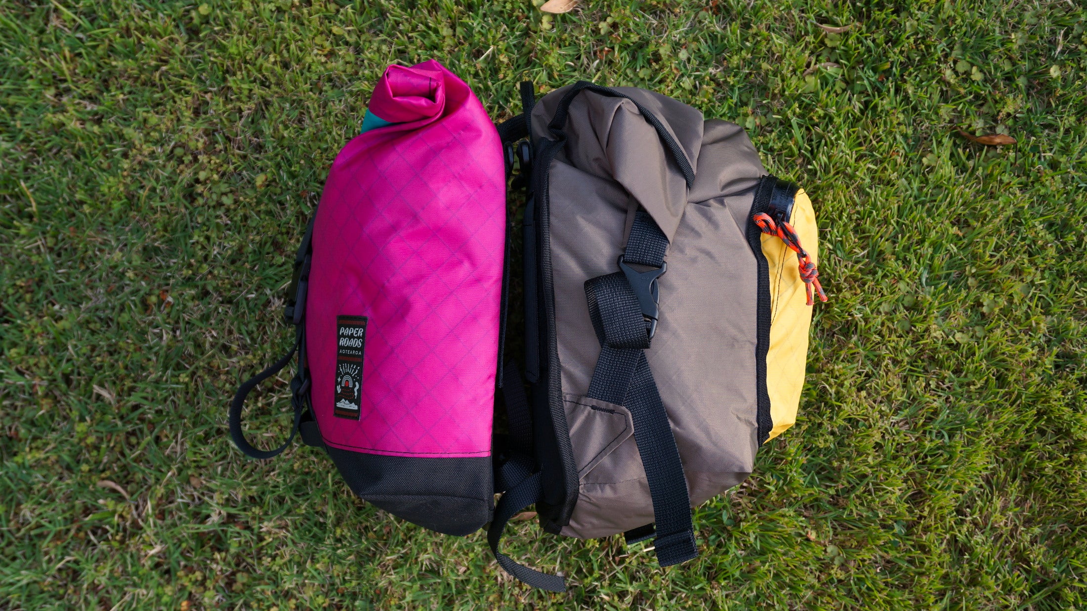 Bikepacking touring roll top panniers 8L and 12L. Custom handmade ultralight waterproof, sturdy for riding gravel and mountain bike trails. Made New Zealand bike bags.