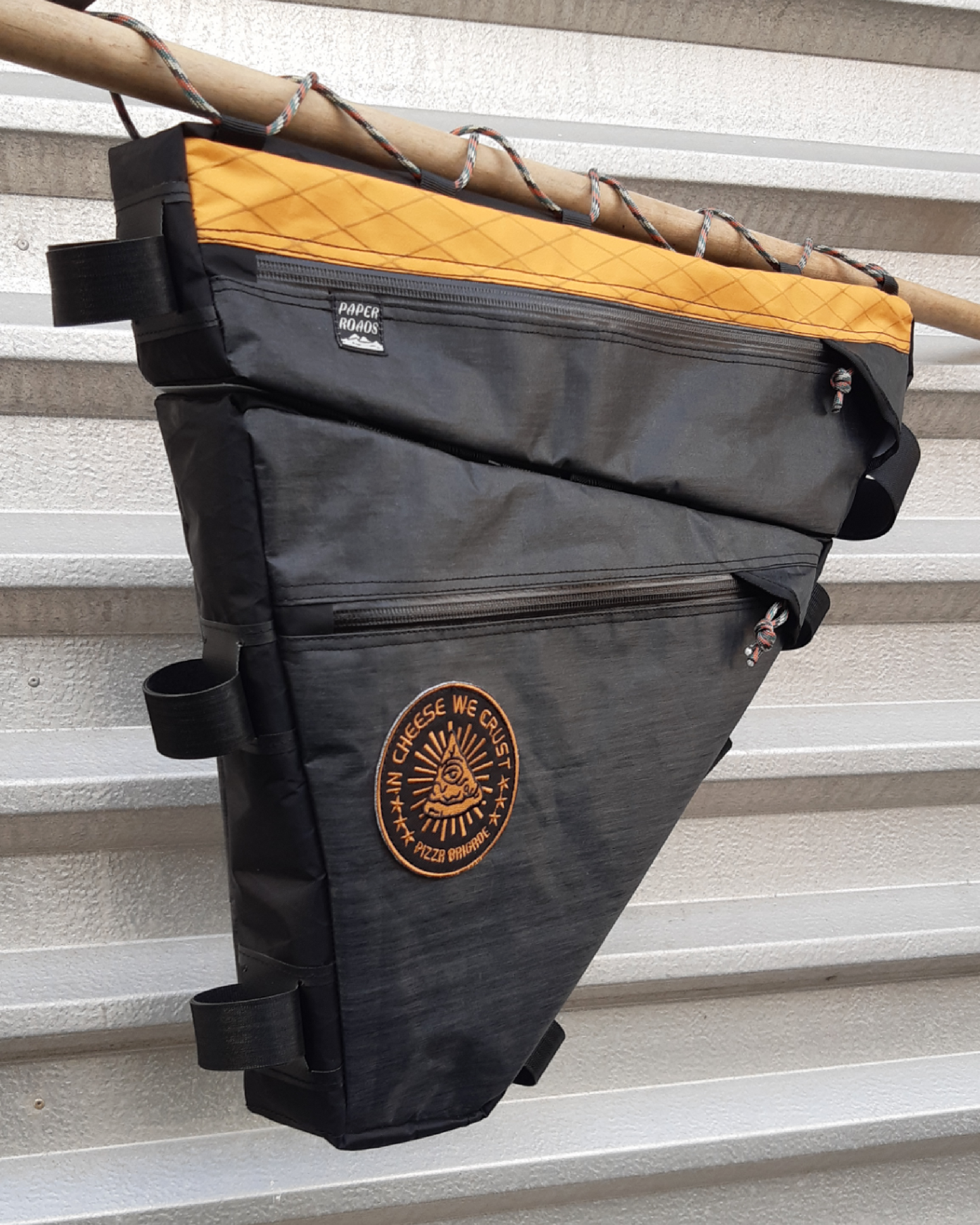 Bike packing custom split frame bag in charcoal and yellow.
