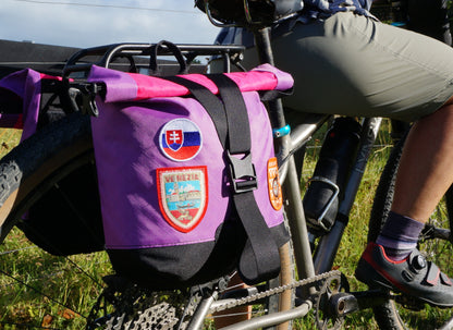 Bikepacking touring roll top panniers 8L. Custom handmade ultralight waterproof, sturdy for riding gravel and mountain bike trails. Made in Auckland, New Zealand bike bags. 