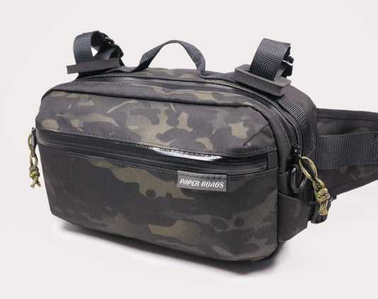 Bicycle bike handlebar bag hip pack, 5L. Handmade in New Zealand. Suits gravel, mountainbikes, commuting bicycles, bike touring. 