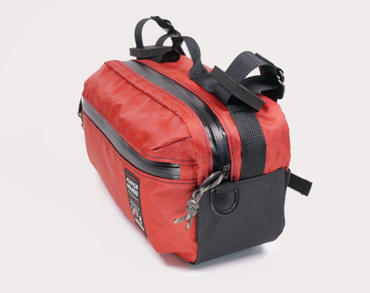 Bicycle bike handlebar bag hip pack, 5L. Handmade in New Zealand. Suits gravel, mountainbikes, commuting bicycles, bike touring. 