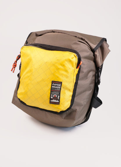 Bikepacking touring roll top panniers 12L. Custom handmade ultralight waterproof, sturdy for riding gravel and mountain bike trails. Made New Zealand bike bags. 