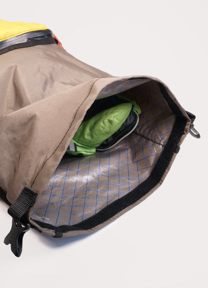 Bikepacking touring roll top panniers 12L. Custom handmade ultralight waterproof, sturdy for riding gravel and mountain bike trails. Made New Zealand bike bags. 