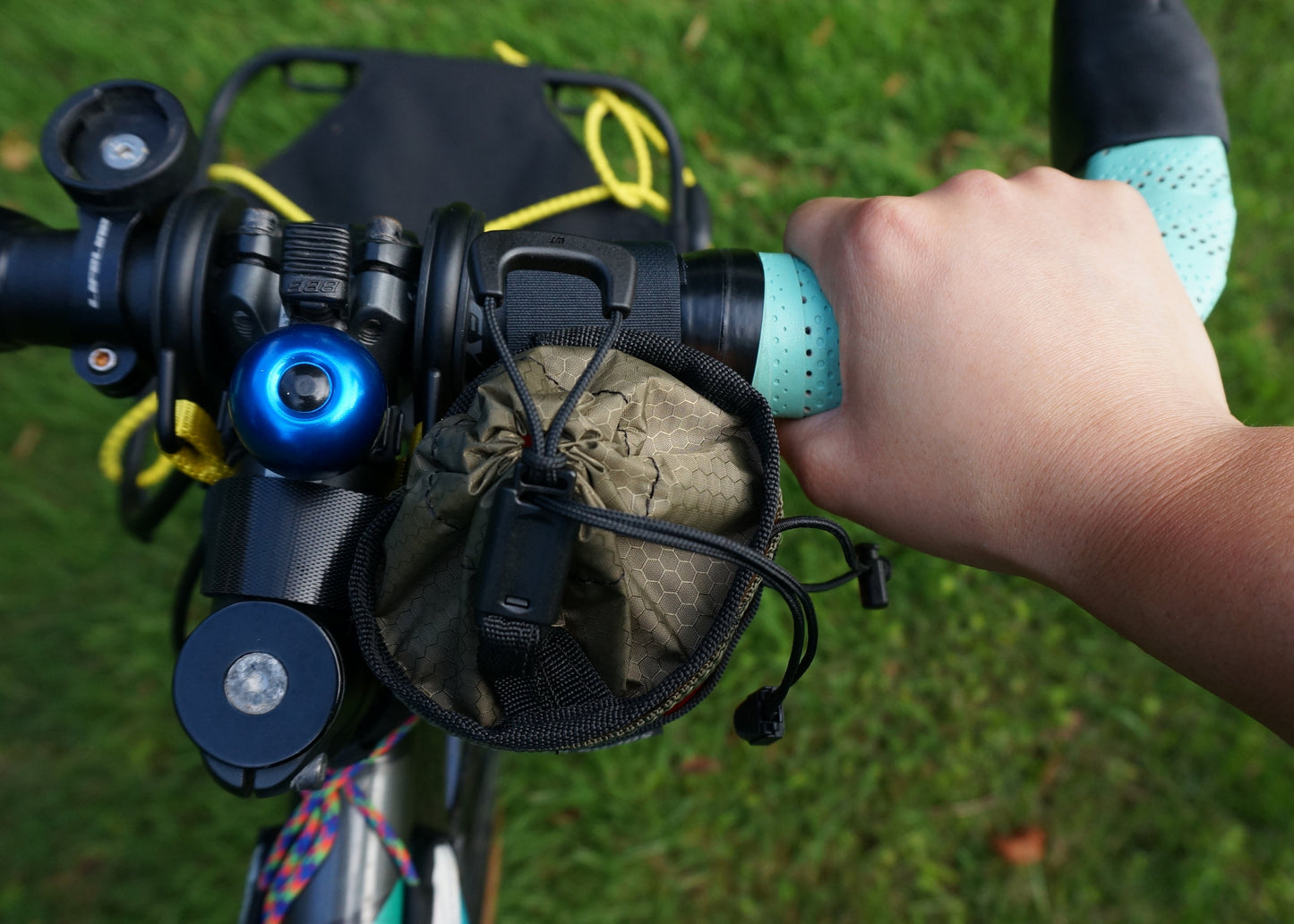 Treat bag / stem / bag feed bag / handlebar bag - bikepacking, touring, commuting, bike riding to hold snacks, phone, bottle. Made in New Zealand.