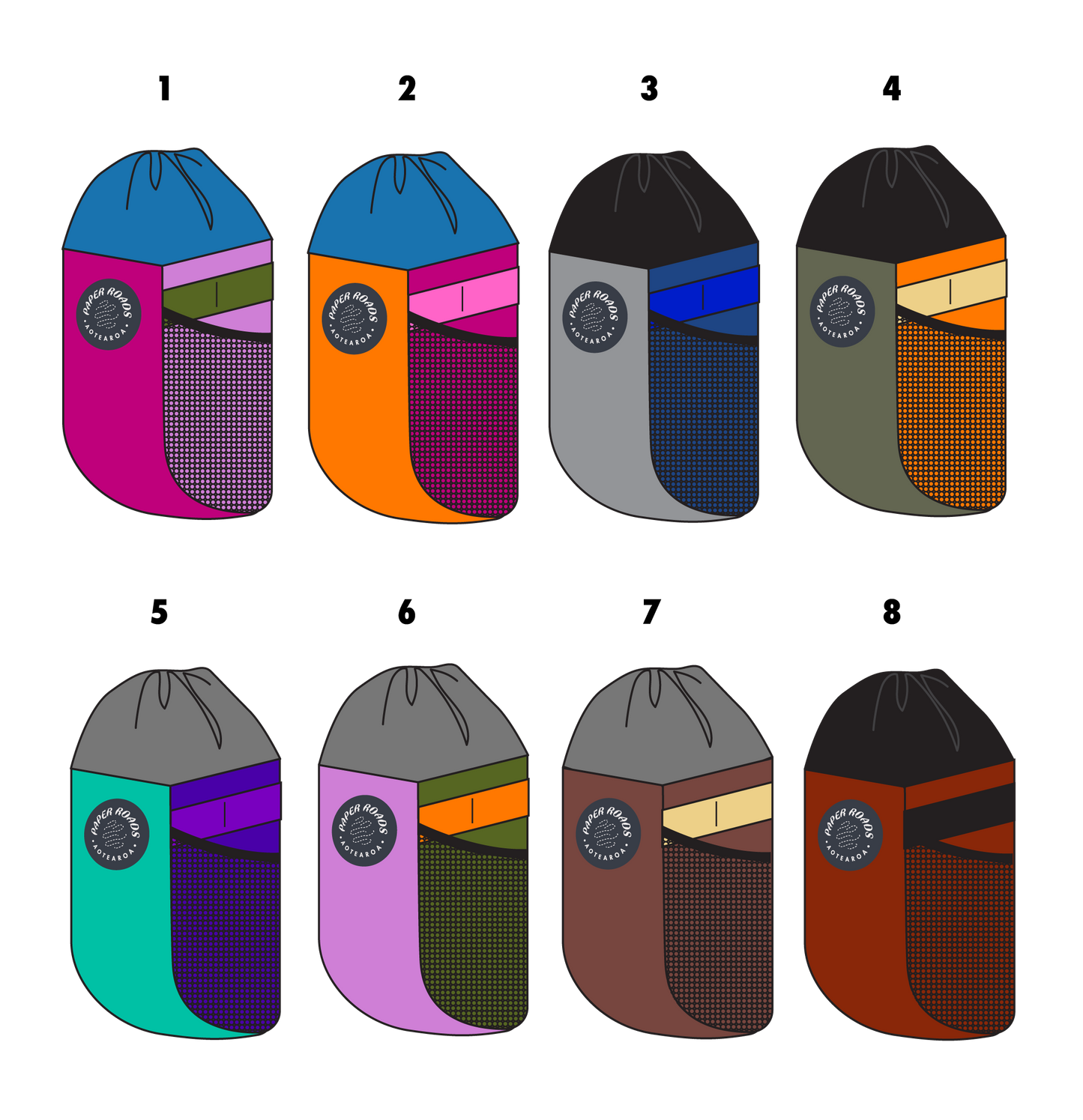 Bicycle bikepacking touring handlebar snack / stem / treat bag/pouch. Colourful, handmade in New Zealand by Paper Roads Aotearoa.