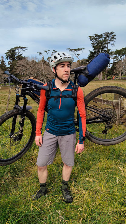 Hike a bike carry straps bikepacking hiking ultra race, bike shoulder straps, tour te waipounamu made in new zealand