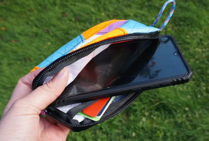 Colourful pouch wallet outdoor water resistant riding bag gravel cycling commuting urban bikepacking bicycle accessory New Zealand handmade Australia bikes challenge sailcloth x-pac ultralight touring 