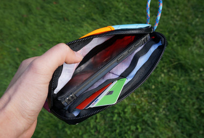Colourful pouch wallet outdoor water resistant riding bag gravel cycling commuting urban bikepacking bicycle accessory New Zealand handmade Australia bikes challenge sailcloth x-pac ultralight touring 