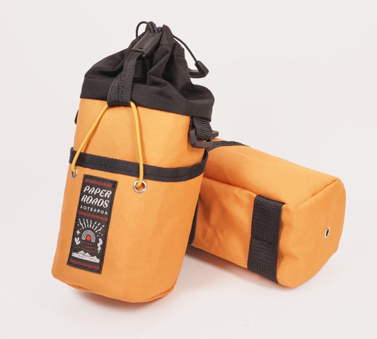 NZ handmade bikepacking gravel cycling accessory bag for snacks and bottle feedbag