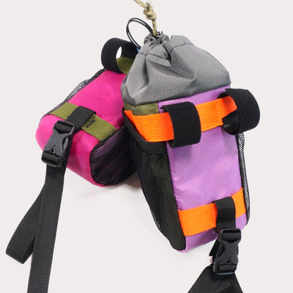 Bicycle bikepacking touring handlebar snack / stem / treat bag/pouch. Colourful, handmade in New Zealand by Paper Roads Aotearoa.