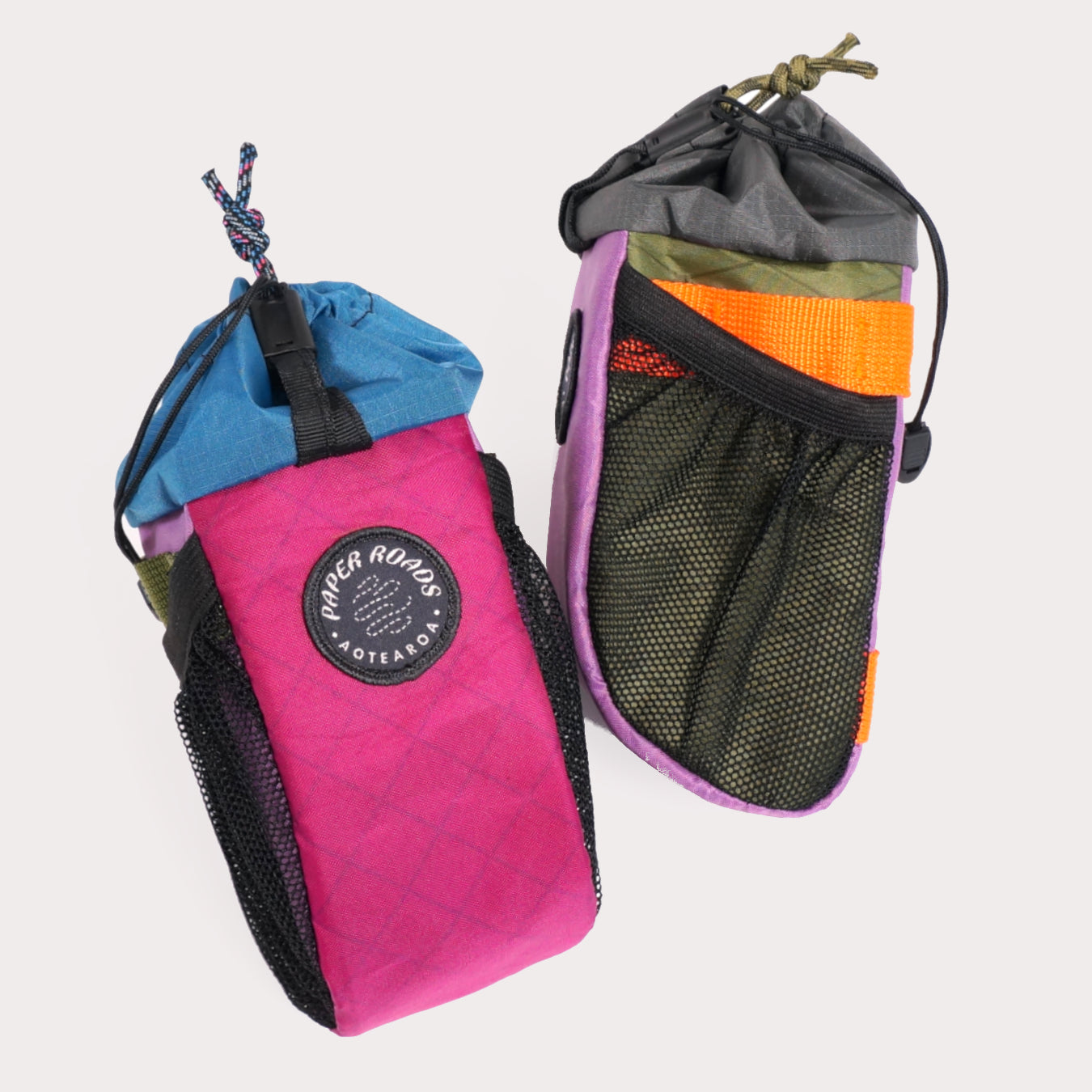 Bicycle bikepacking touring handlebar snack / stem / treat bag/pouch. Colourful, handmade in New Zealand by Paper Roads Aotearoa.