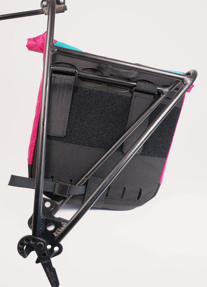 Bikepacking touring roll top panniers 8L. Custom handmade ultralight waterproof, sturdy for riding gravel and mountain bike trails. Made in Auckland, New Zealand bike bags. 