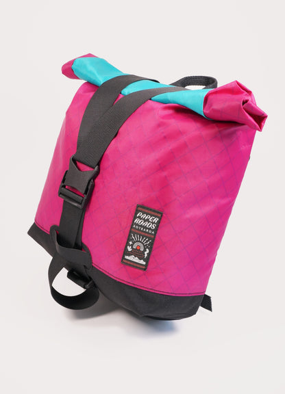 Bikepacking touring roll top panniers 8L. Custom handmade ultralight waterproof, sturdy for riding gravel and mountain bike trails. Made in Auckland, New Zealand bike bags. 