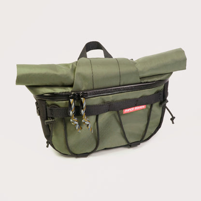 Hungry ranger bikepacking front roll accessory bag with roll top, front zip, shockcord. Compatible with harnesses and cradles. Made in NZ.