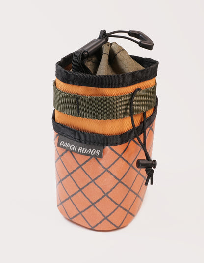 Treat bag / stem / bag feed bag / handlebar bag - bikepacking, touring, commuting, bike riding to hold snacks, phone, bottle. Marigold, ranger green.