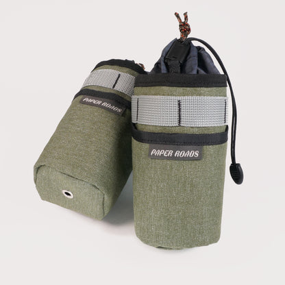 Bikepacking gravel cycling touring stem bags, treat bags, feed bags, handlebar snack bottle pouch. Paper Roads handmade in New Zealand. Colour - green jean.