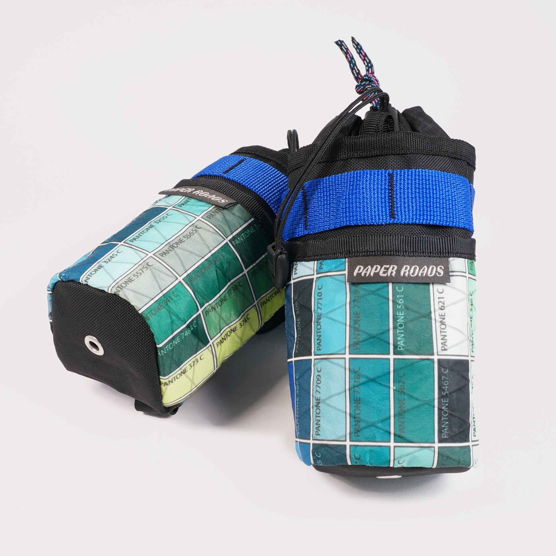 Bikepacking gravel cycling touring stem bags, treat bags, feed bags, handlebar snack bottle pouch. Paper Roads handmade in New Zealand. Colour - recycled blue Pantone chart