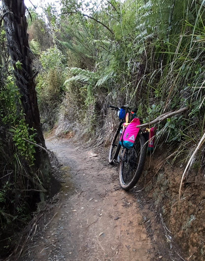 Bikepacking touring roll top panniers 12L. Custom handmade ultralight waterproof, sturdy for riding gravel and mountain bike trails. Made in Auckland, New Zealand bike bags. 
