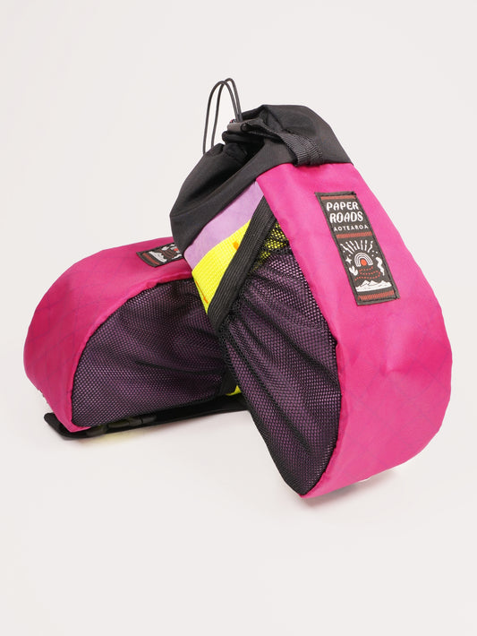 Large handlebar stem bag treat bag for cycling, commuting or bikepacking. Easy access to snacks or bottle, one handed opening. Brown with white top. Fuchsia or magenta, colourful bike bag. Made in New Zealand.